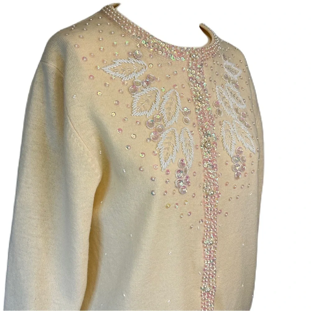 Vintage Wool Blend Cardigan Sweater Sequins Bead Embellished Ivory Grandmother - Picture 5 of 14